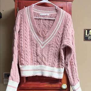 Altar'd State Pink and White V-Neck Sweater